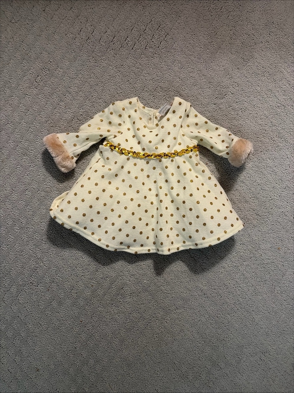 Youngland Cream Dress with Gold Polka Dots and Pink Fur Cuffs